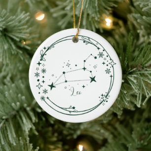 Christmas Custom Name Leo Zodiac Sign Green Ceramic Ornament