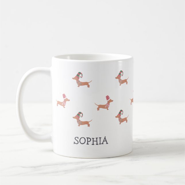 Christmas Custom Name Modern Dachshund Pattern  Coffee Mug (Left)