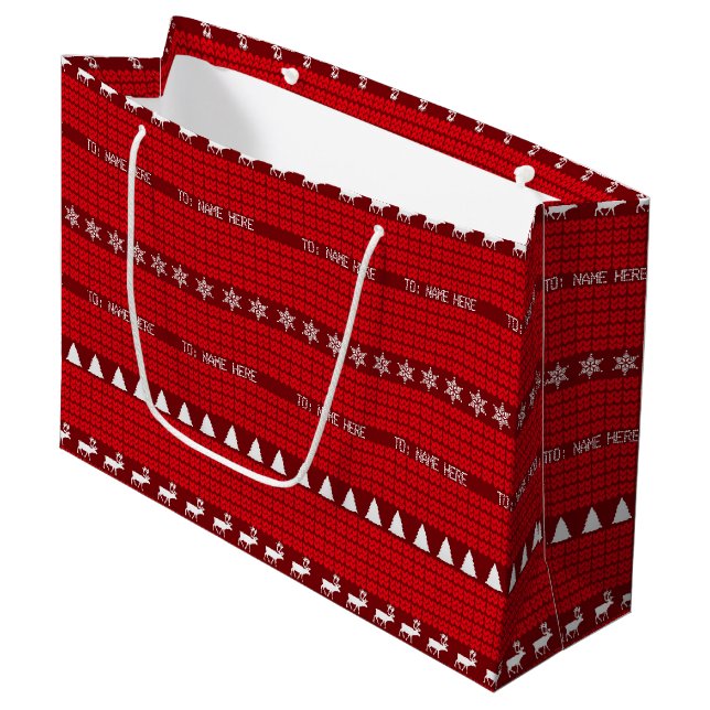 Christmas Custom Name Red White Knitted Sweater Large Gift Bag (Front Angled)