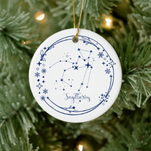 Christmas Custom Name Sagittarius Zodiac Sign Blue Ceramic Ornament