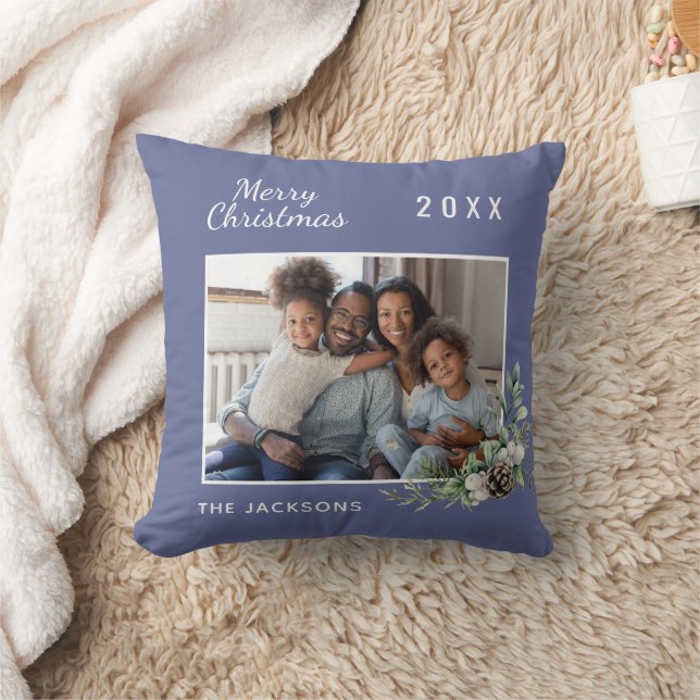 Christmas custom photo blue cone pine name throw pillow (Blanket)