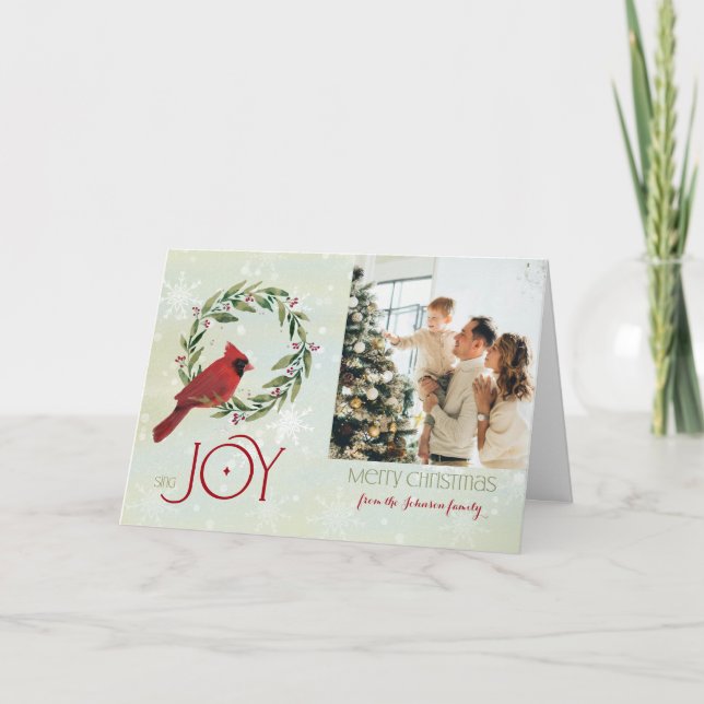 Christmas Custom Photo Cardinal in Wreath Card (Front)