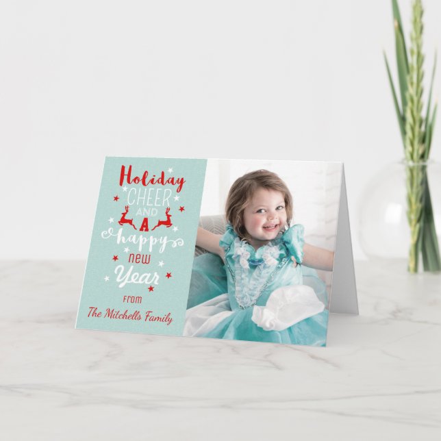 Christmas Custom Photo Mint White Red Typography Holiday Card (Front)