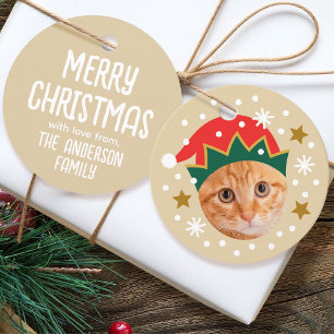 Christmas Custom Photo Name Funny Elf Beige Gift Favour Tags