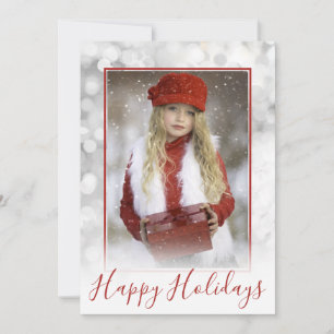 Christmas Custom Photo Silver Red Bokeh Borders Holiday Card