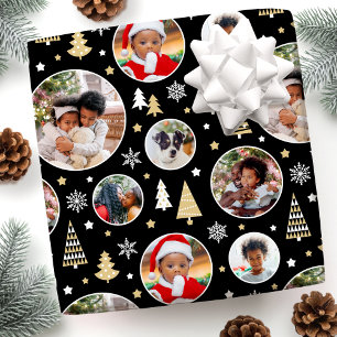 Christmas Custom Photo Trees & Snowflakes Black Wrapping Paper