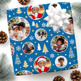 Christmas Custom Photo Trees & Snowflakes Blue Wrapping Paper