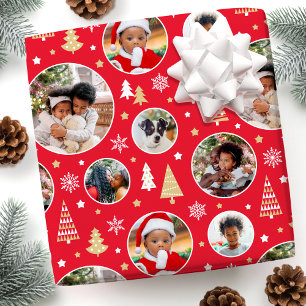 Christmas Custom Photo Trees & Snowflakes Red Wrapping Paper