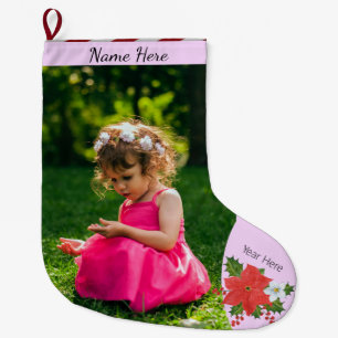 Christmas Custom Pic/Text Poinsettia Floral Stripe Large Christmas Stocking