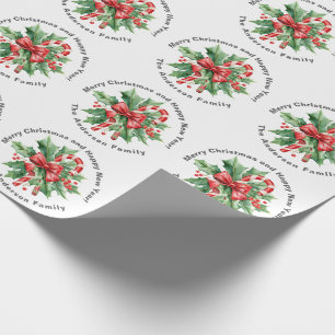 Christmas Custom text Holly Berry Candy Cane White Wrapping Paper