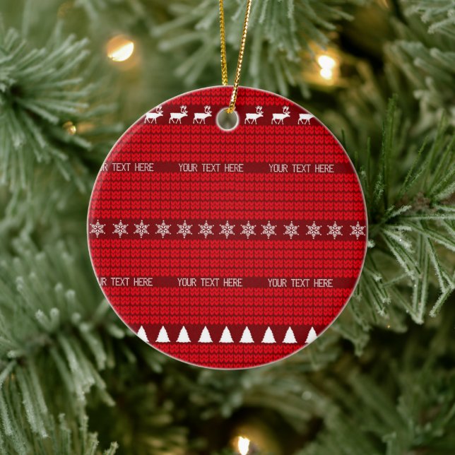 Christmas Custom Text Red White Knitted Sweater Ceramic Ornament (Tree)