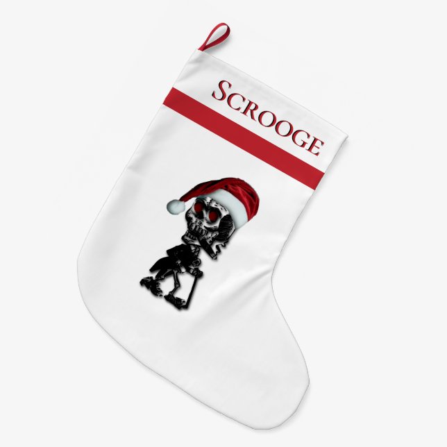 Christmas Custom Text Skeleton in Santa Hat Name Large Christmas Stocking (Front (Hanging))
