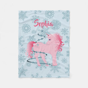 Christmas Custom Unicorn Pink Girl  Snowflake Fleece Blanket
