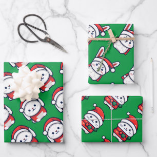 Christmas Cute Angry Bunny in Santa hat 3 arts Wrapping Paper Sheet