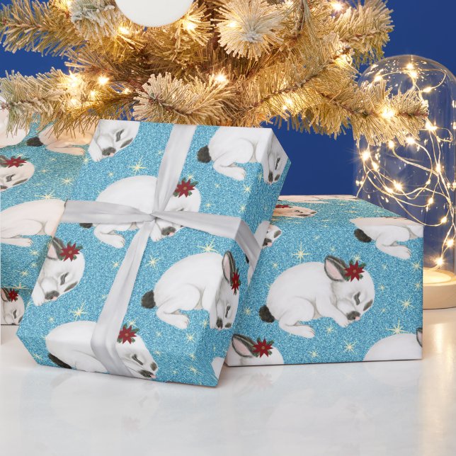 Christmas Cute Baby Bunny Cuddle Glitter Stars Wrapping Paper (Holidays)