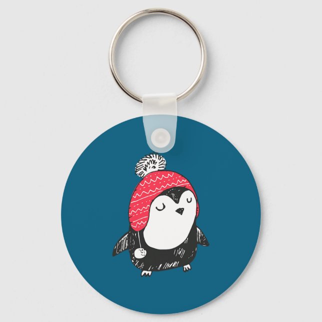 Christmas Cute Baby Penguin Wearing Winter Hat W_e Keychain (Front)