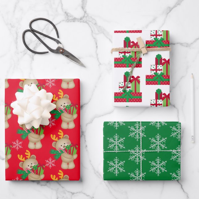 Christmas Cute Bear Holiday Present Snowflake Wrapping Paper Sheet (Front)