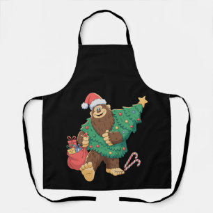 Christmas Cute Bigfoot Sasquatch Xmas Tree Lights Apron