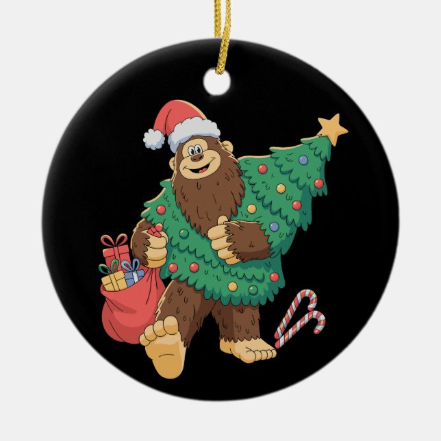 Christmas Cute Bigfoot Sasquatch Xmas Tree Lights Ceramic Ornament (Front)