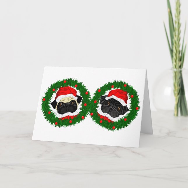 Christmas Cute Black Pug and Fawn Pug Santa Holiday Card (Front)