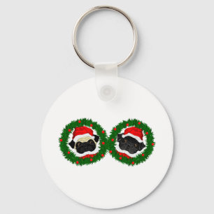 Christmas Cute Black Pug and Fawn Pug Santa Keychain