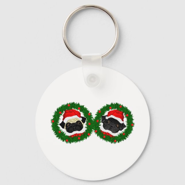 Christmas Cute Black Pug and Fawn Pug Santa Keychain (Front)