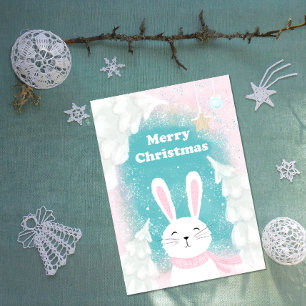 Christmas Cute Bunny Pink and Mint Holiday Card