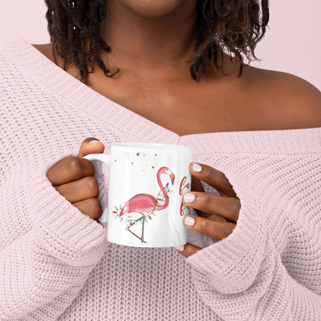 Christmas Cute Calligraphy Pink Flamingo Quote Coffee Mug (Christmas Festive cute pink flamingo mug with whimsical string of lights. )