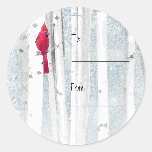Christmas Cute Cardinal Red Bird Birch Tree Forest Classic Round Sticker (Front)