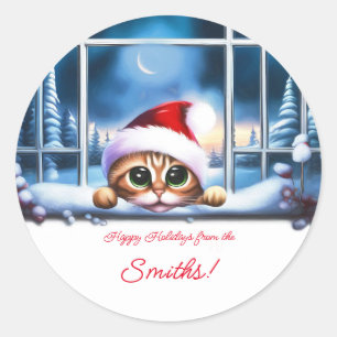 Christmas Cute Cat Happy Holidays From Classic Round Sticker
