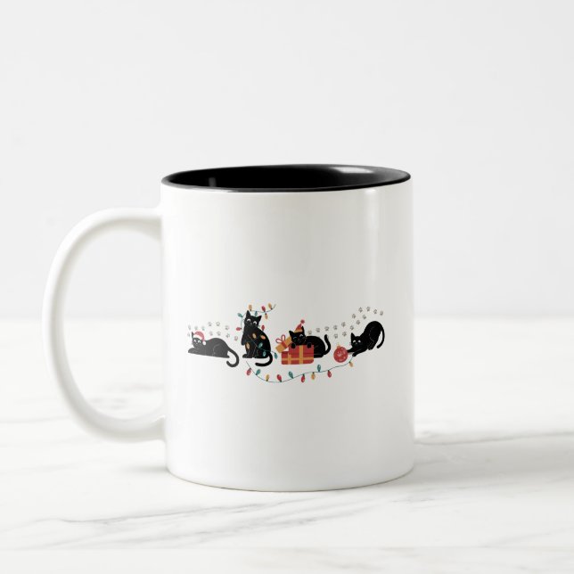 Christmas Cute Cat Lover Crew Christmas Lights Two-Tone Coffee Mug (Left)