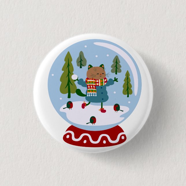 Christmas Cute Cat Snow Globe Button (Front)