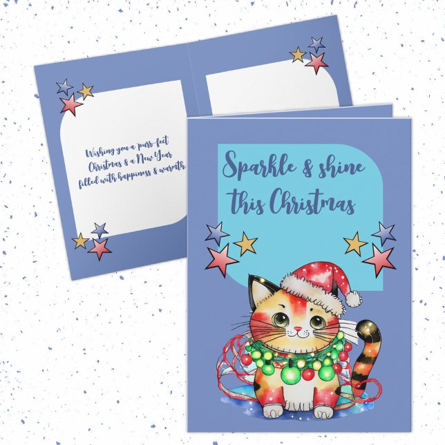 Christmas cute cat stars blue holiday card (Creator Uploaded)