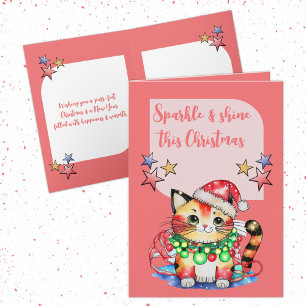 Christmas cute cat stars pink holiday card