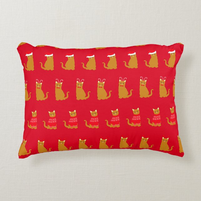 Christmas Cute Cats in Santa Hats Pattern Red Accent Pillow (Front)