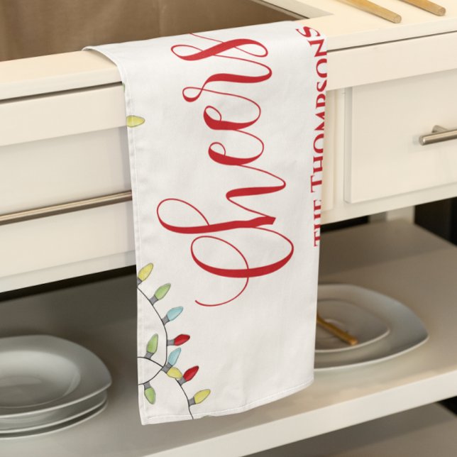 Christmas Cute Cheers Colourful String Lights  Kitchen Towel (Cheers Christmas holiday string lights kitchen towel. )