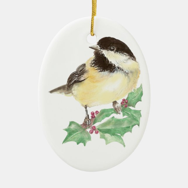 Christmas Cute Chickadee, Bird, Holly Wildlife Ceramic Ornament (Front)