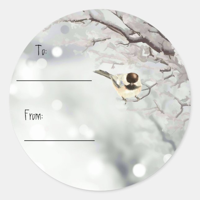 Christmas Cute Chickadee Snow Trees Classic Round Sticker (Front)