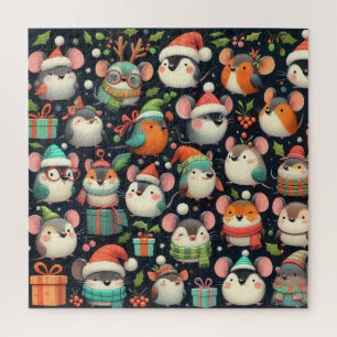 Christmas Cute colourful Mice, gifts and Robins Jigsaw Puzzle