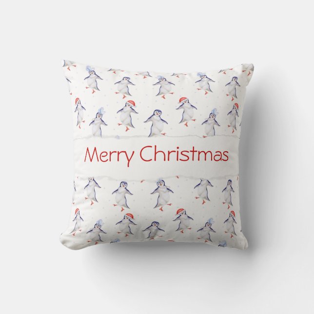 Christmas Cute Dancing Penguins Pattern Throw Pillow (Front)