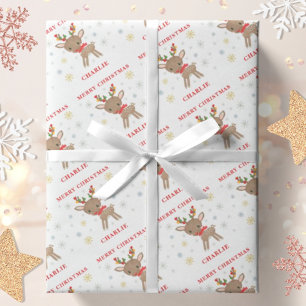 Christmas Cute Deer Snowflakes Personalized Name Wrapping Paper