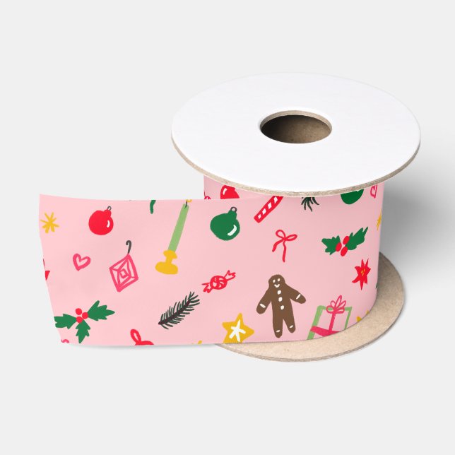 CHRISTMAS Cute Doodle Whimsical CUSTOM Holiday Satin Ribbon (Spool)