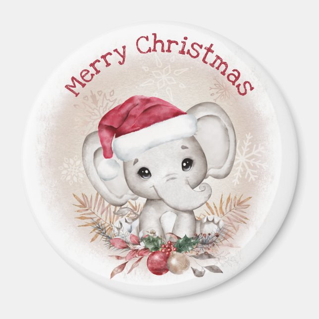 Christmas Cute Elephant in Santa Hat Magnet (Front)