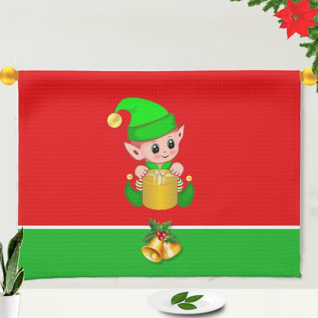 Christmas Cute Elf on Green and Red Kitchen Towel (Creator Uploaded)