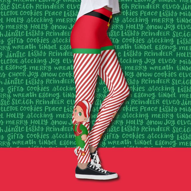 Christmas Cute Elf Women's Red & Green Stripe Leggings (Creator Uploaded)