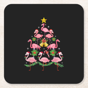 Christmas - Cute Flamingo Christmas Tree Square Paper Coaster