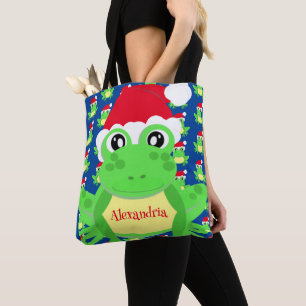 Christmas Cute Frog Santa Hat Blue Novelty Tote Bag
