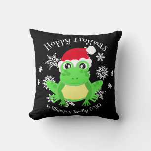 Christmas Cute Frog Santa Hat Novelty Black Throw Pillow