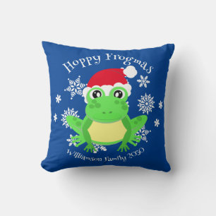 Christmas Cute Frog Santa Hat Novelty Blue Throw Pillow