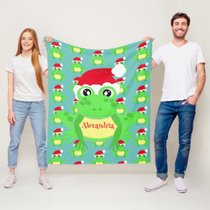 Christmas Cute Frog Santa Hat Teal Novelty Fleece Blanket